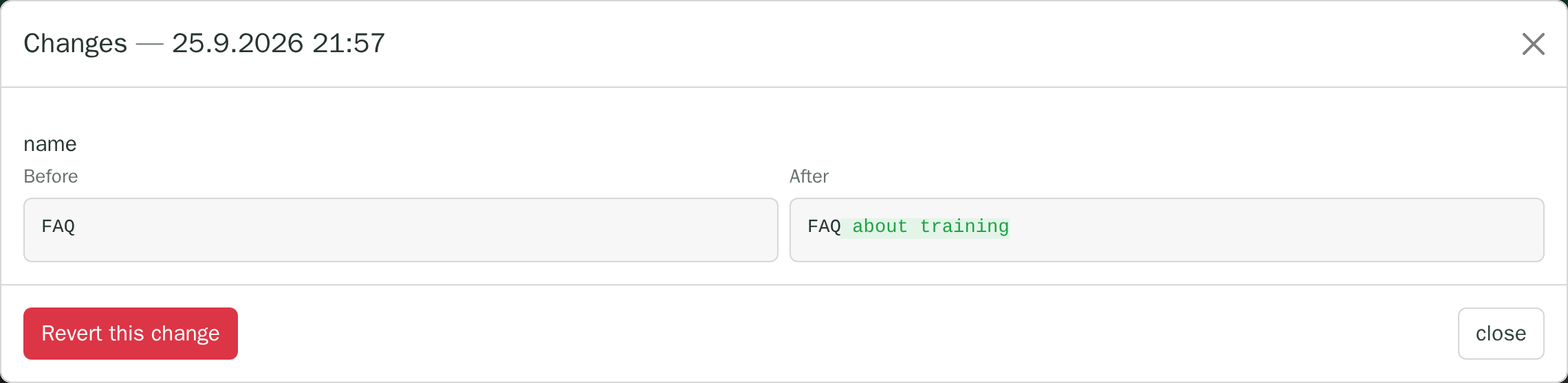 The change window of the LydiaCMS audit log: a diff of a page name and the Revert this change button