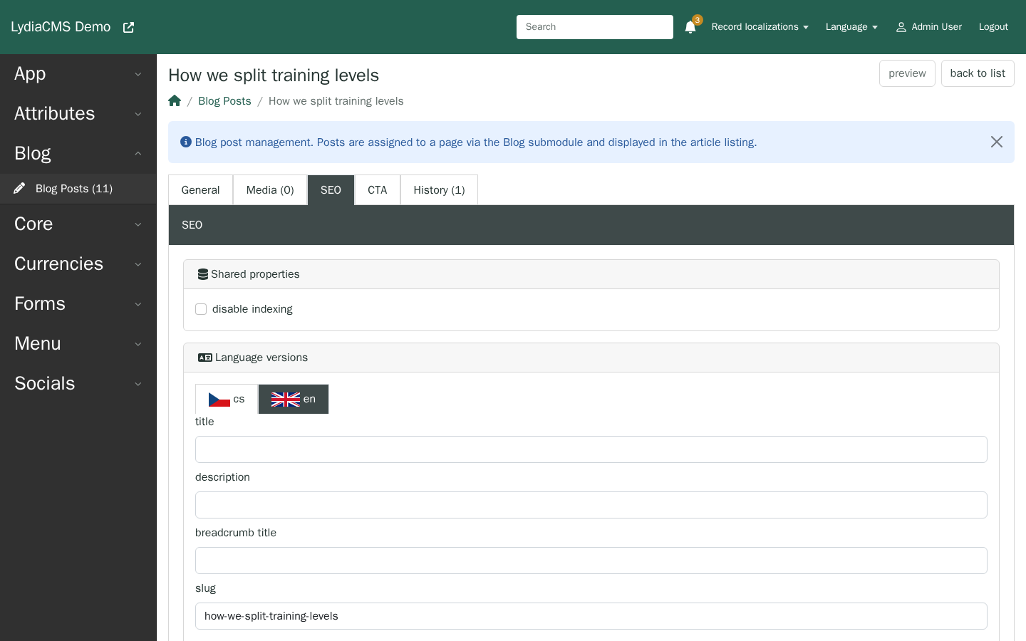 The SEO tab of a record with language versions