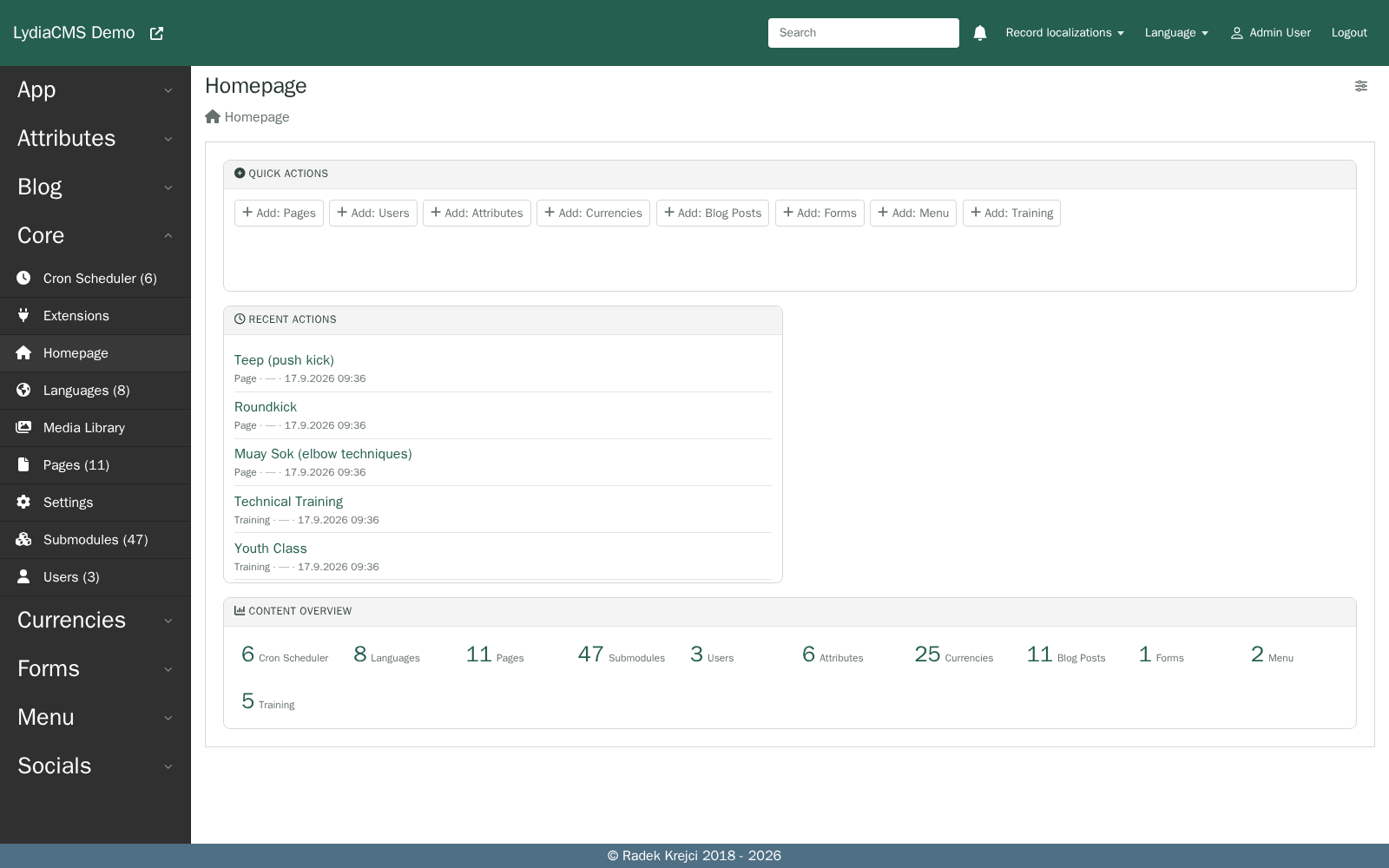 Dashboard administrácie LydiaCMS