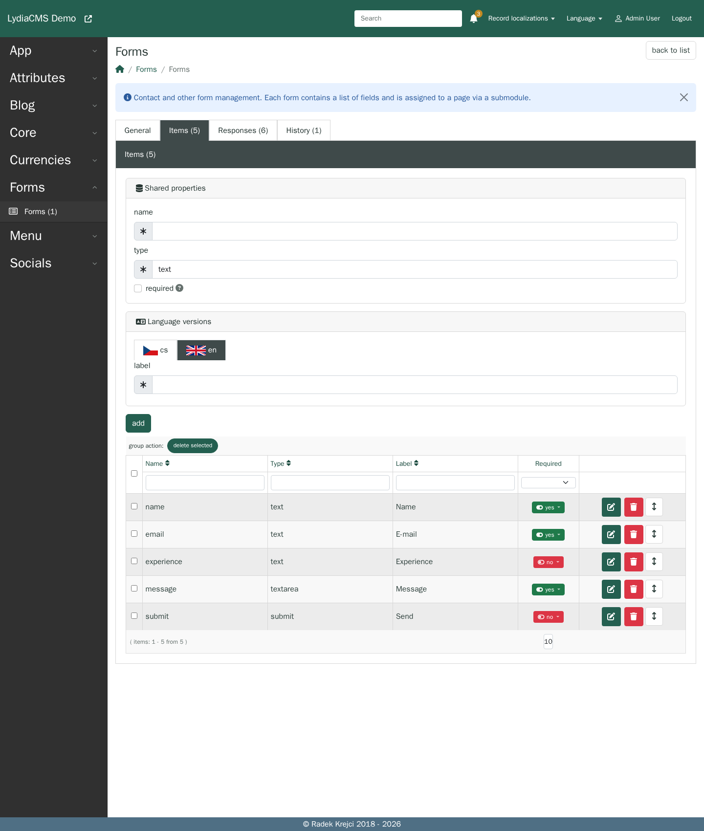 The form builder in the LydiaCMS administration