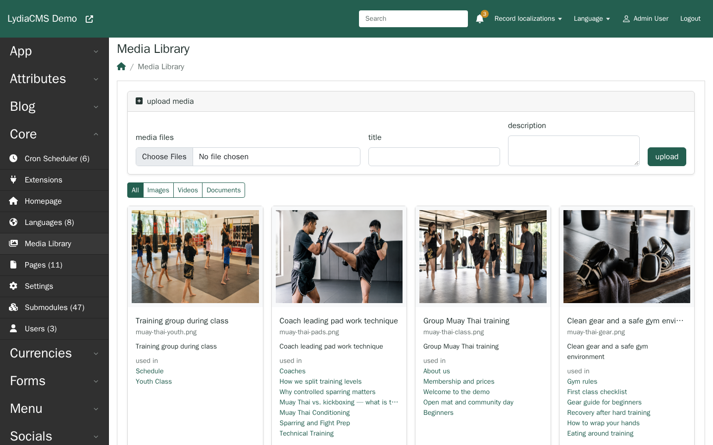 The media library in the LydiaCMS administration